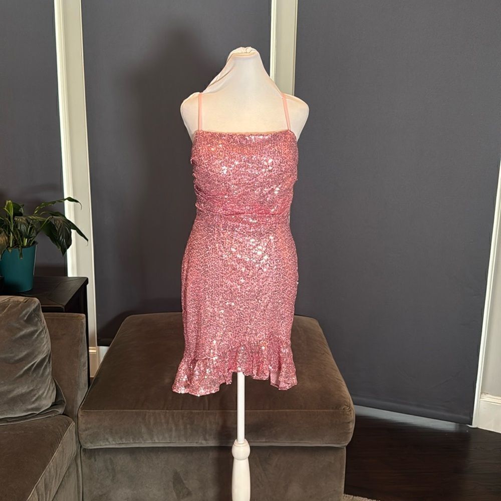 Women’s Pink Sequined Short Homecoming Party Dress Ruffle Hem CorsetBack Size 8